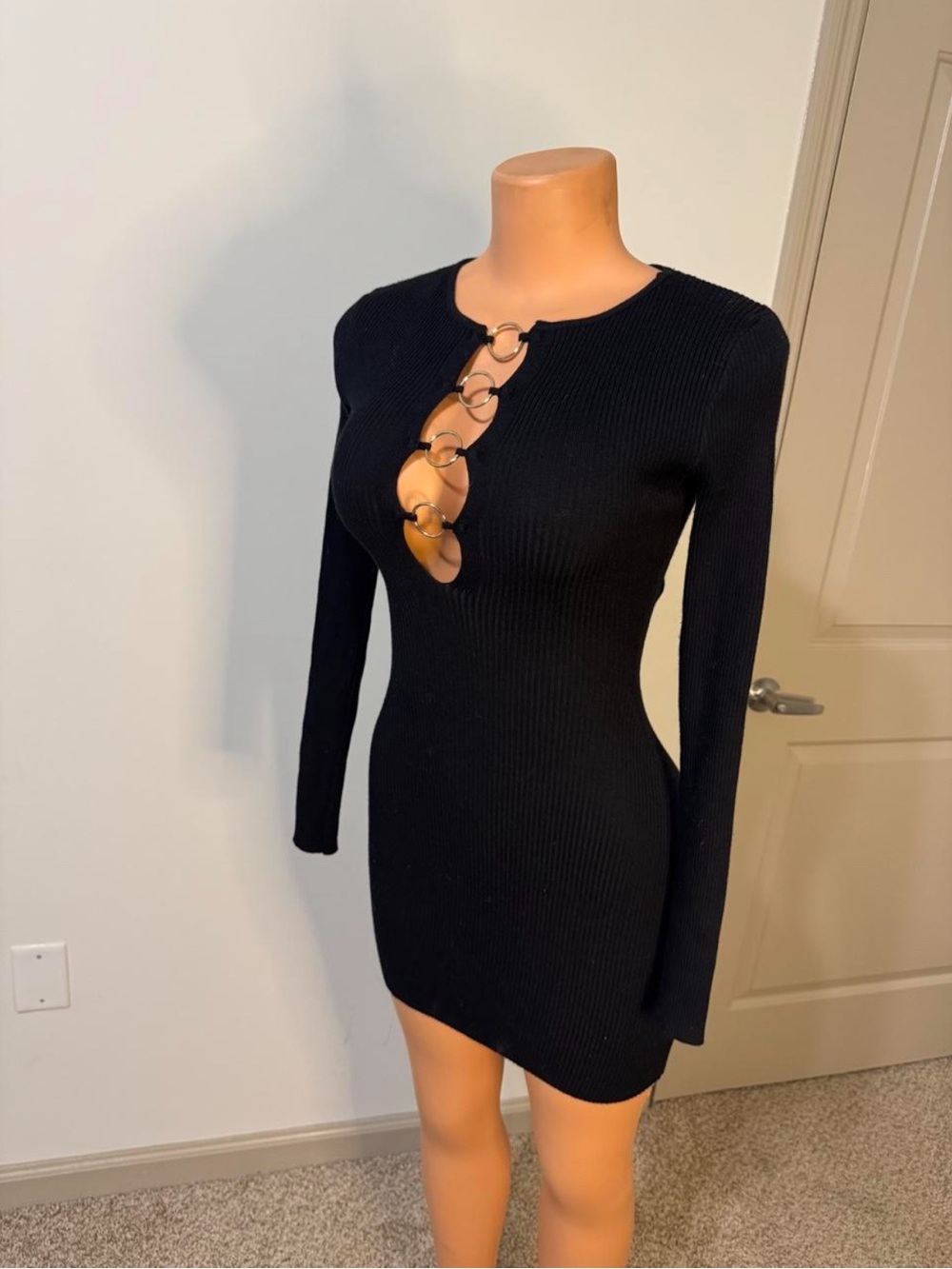 Black Long-Sleeve Ribbed Mini Dress with Ring Front Detail